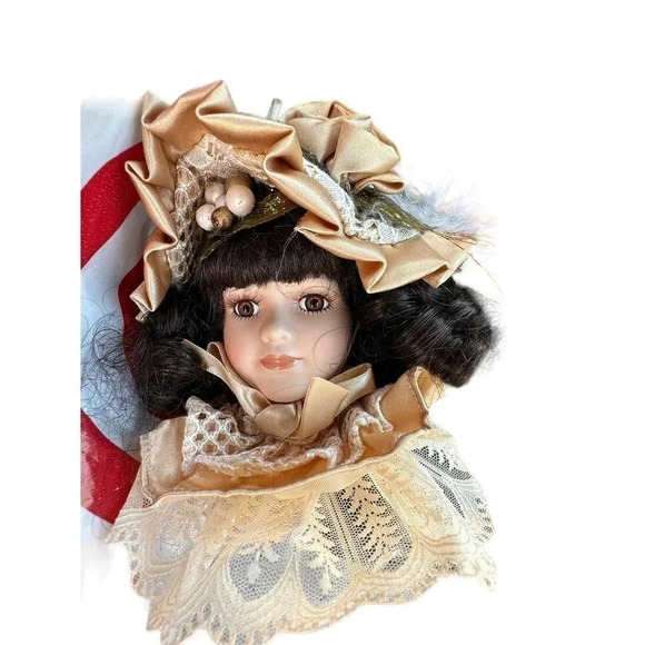 Vintage Dandee Victorian Porcelain Head Doll Cream Christmas Ornament Brown Hair - Picture 6 of 6